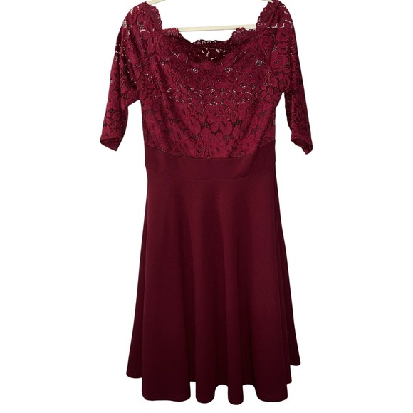 Vintage Style Dress Burgundy Lace Off Shoulder Fit & Flare Midi Romantic Glam XL - Picture 3 of 11